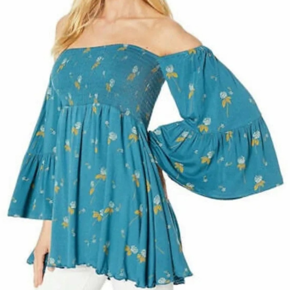 Free People Lana Floral Off-Shoulder Blue Tunic Top